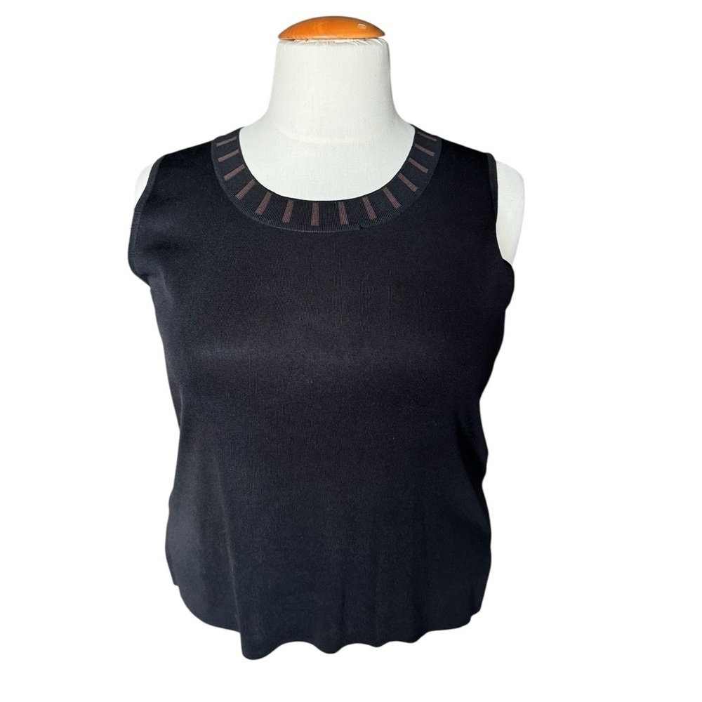 Misook Black Knit Tank Top Sleeveless Sweater XL Brown Trim Preppy Classic O424